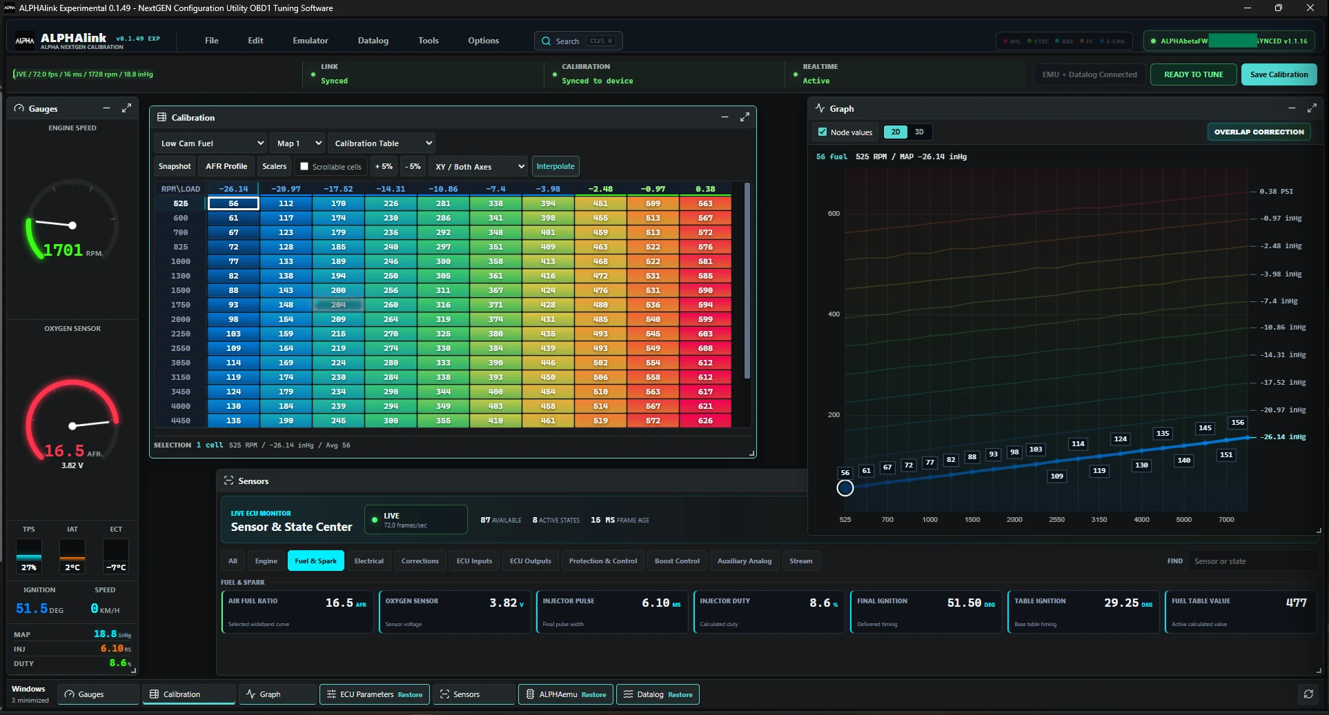 ALPHAlink 0.1.49: gauges, calibration table, 2D graph and the Sensor and State Center